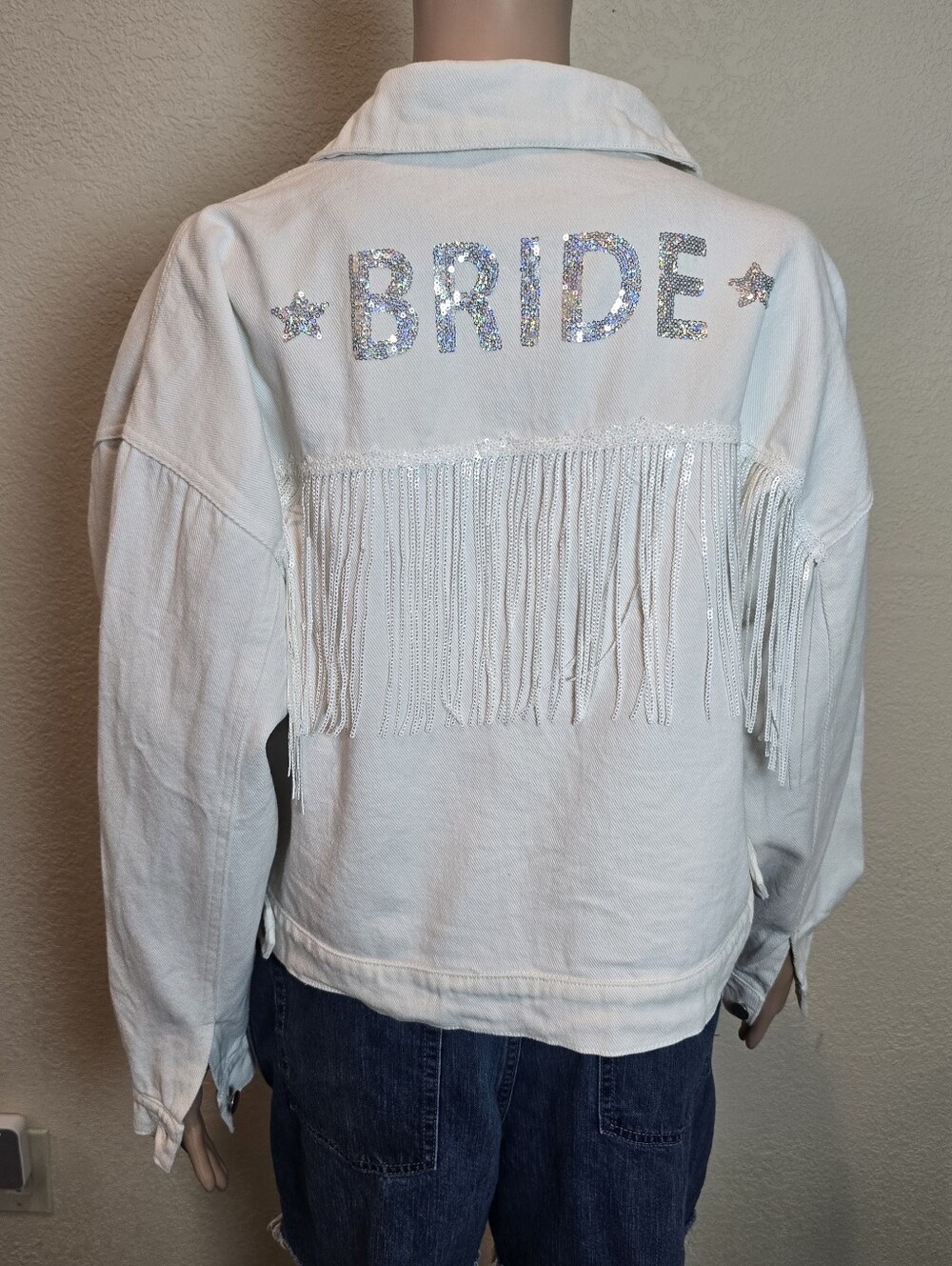 Altar'd State White Fringe 'BRIDE' Denim Jacket - Picture 4 of 12